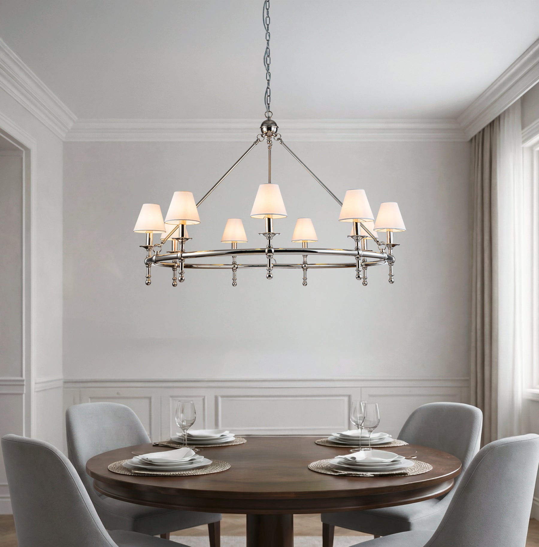 47" 9-Light Extra Large Modern Polished Nickel Chandelier with White Fabric Shades For Dining Room or Living Room