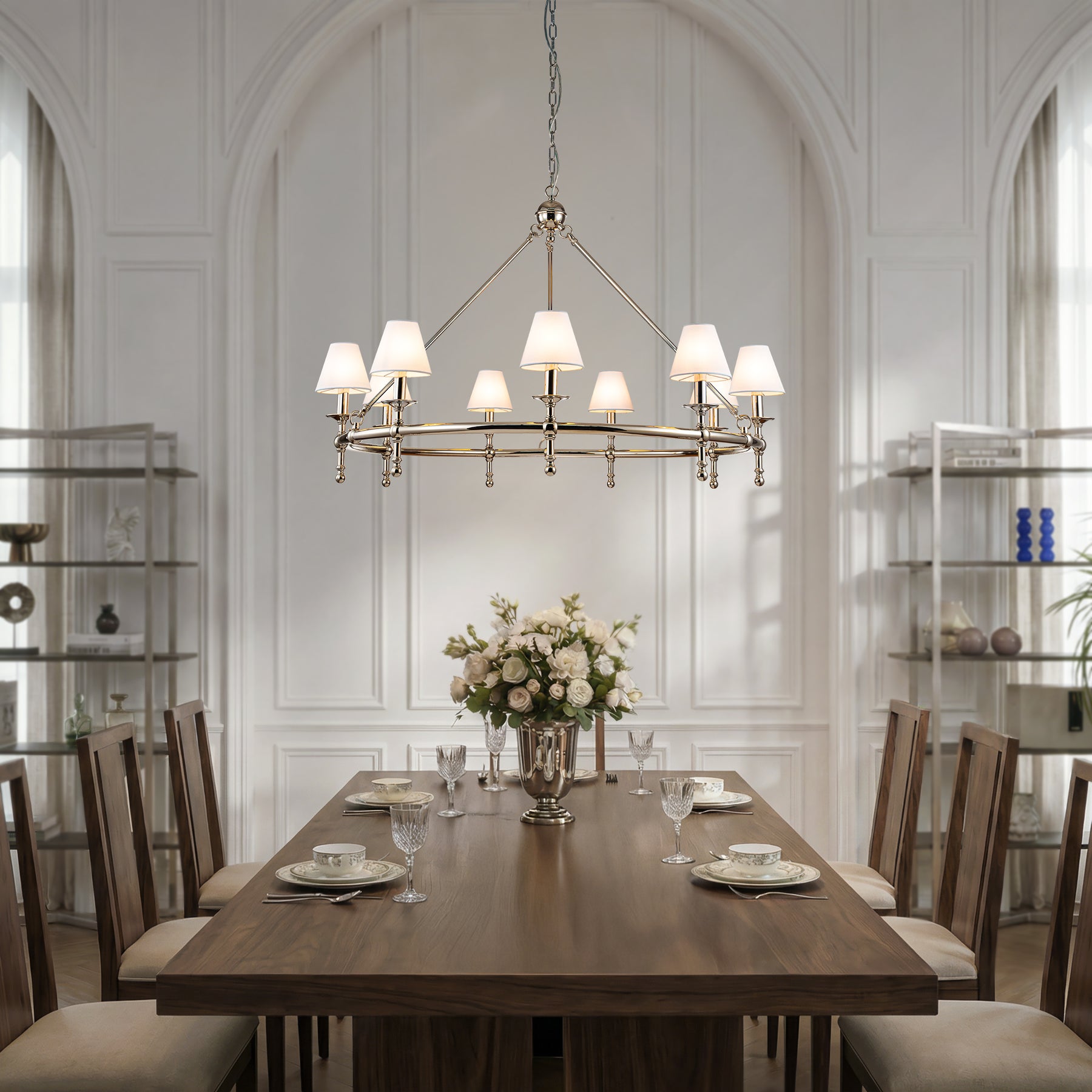 47" 9-Light Extra Large Modern Polished Nickel Chandelier with White Fabric Shades For Dining Room or Living Room