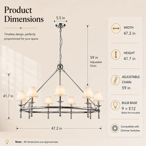 47" 9-Light Extra Large Modern Polished Nickel Chandelier with White Fabric Shades For Dining Room or Living Room