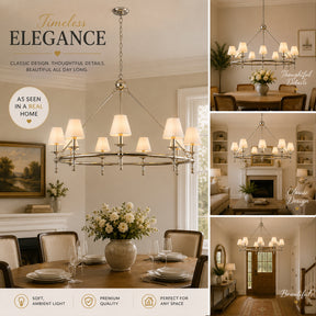 47" 9-Light Extra Large Modern Polished Nickel Chandelier with White Fabric Shades For Dining Room or Living Room