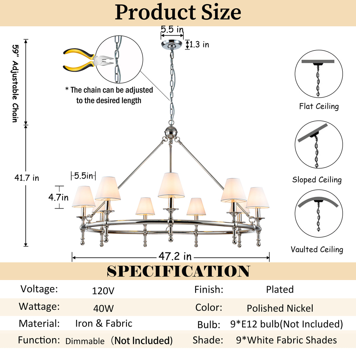 47'' 9-Light Extra Large Modern Polished Nickel Chandelier with White Fabric Shades For Dining Room or Living Room