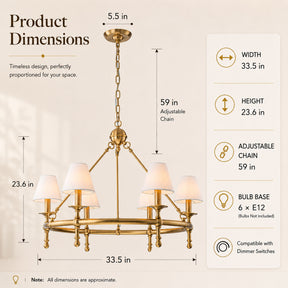 6 Lights W34 Vintage Brass and White Pleated Fabric Chandeliers for Dining Room