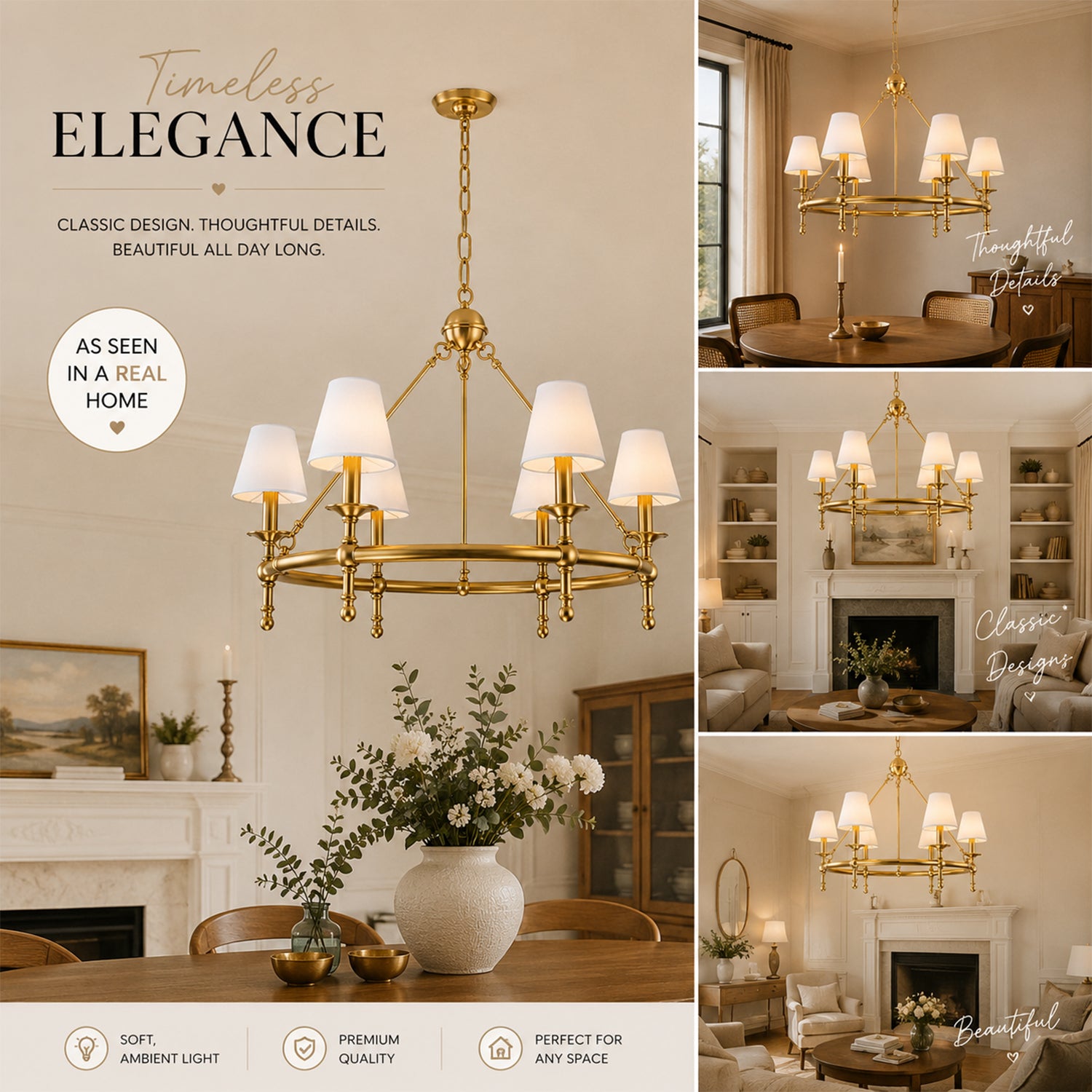 6 Lights W34 Vintage Brass and White Pleated Fabric Chandeliers for Dining Room