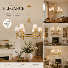 6 Lights W34 Vintage Brass and White Pleated Fabric Chandeliers for Dining Room
