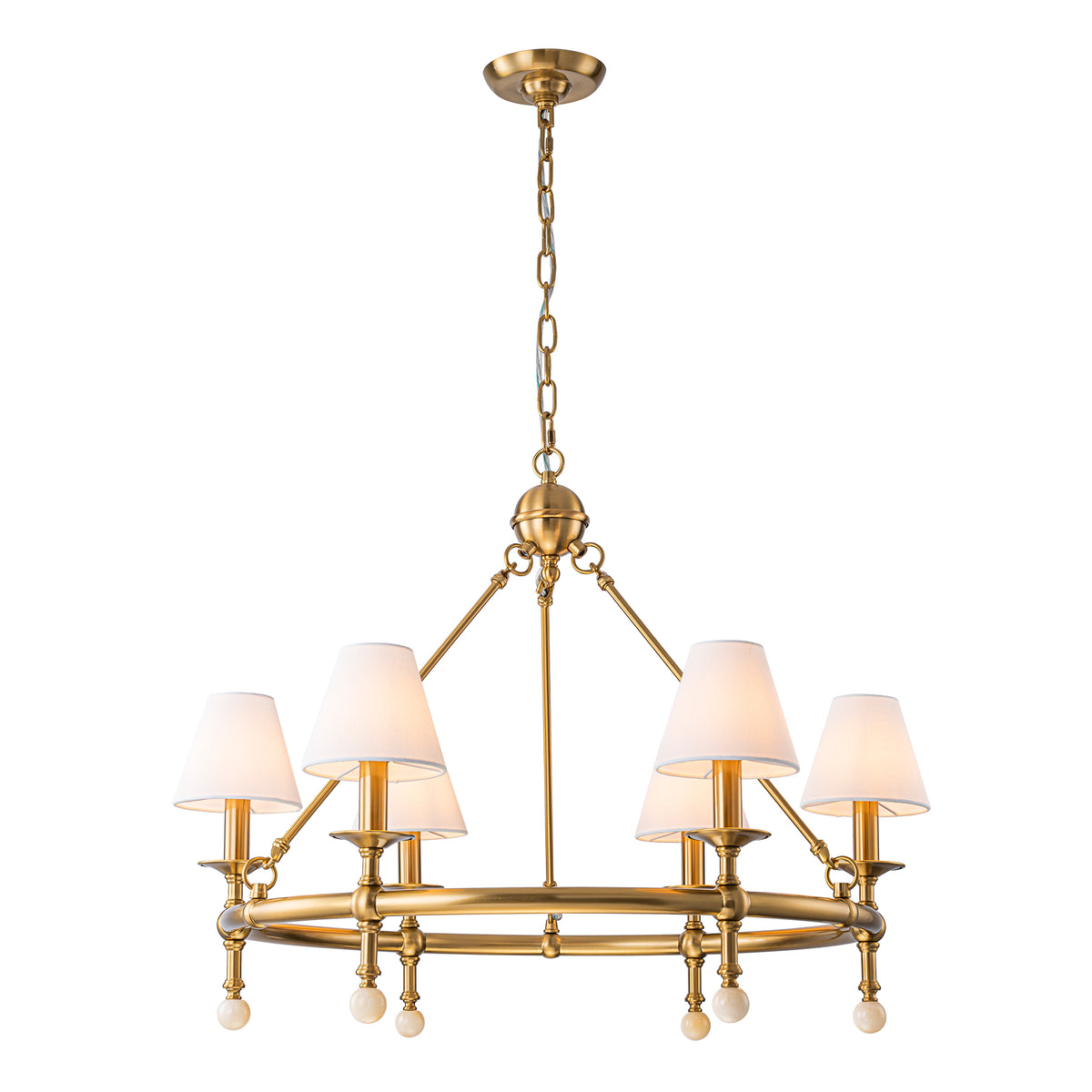 34'' Warm Brass 6-Light Statement Chandelier Unique Classic Pendant Lighting with White Fabric Shades and Alabaster Finials for Dining Room Kitchen Island
