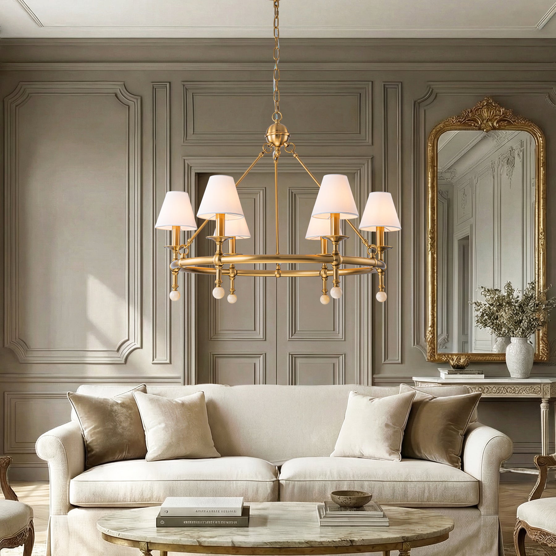 34'' Warm Brass 6-Light Statement Chandelier Unique Classic Pendant Lighting with White Fabric Shades and Alabaster Finials for Dining Room Kitchen Island