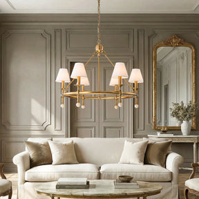 34'' Warm Brass 6-Light Statement Chandelier Unique Classic Pendant Lighting with White Fabric Shades and Alabaster Finials for Dining Room Kitchen Island