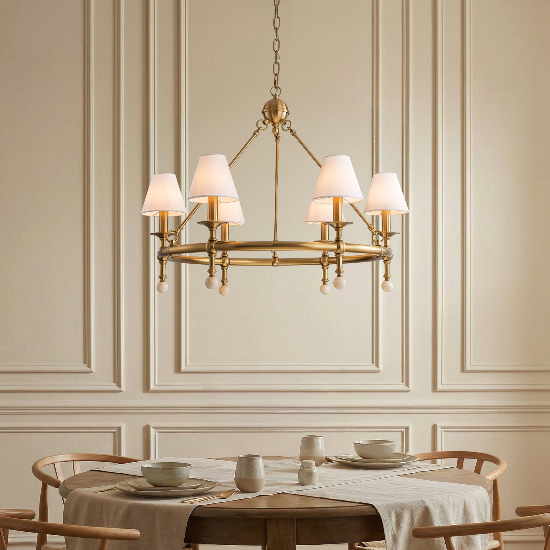 34'' Warm Brass 6-Light Statement Chandelier Unique Classic Pendant Lighting with White Fabric Shades and Alabaster Finials for Dining Room Kitchen Island