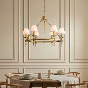 34'' Warm Brass 6-Light Statement Chandelier Unique Classic Pendant Lighting with White Fabric Shades and Alabaster Finials for Dining Room Kitchen Island
