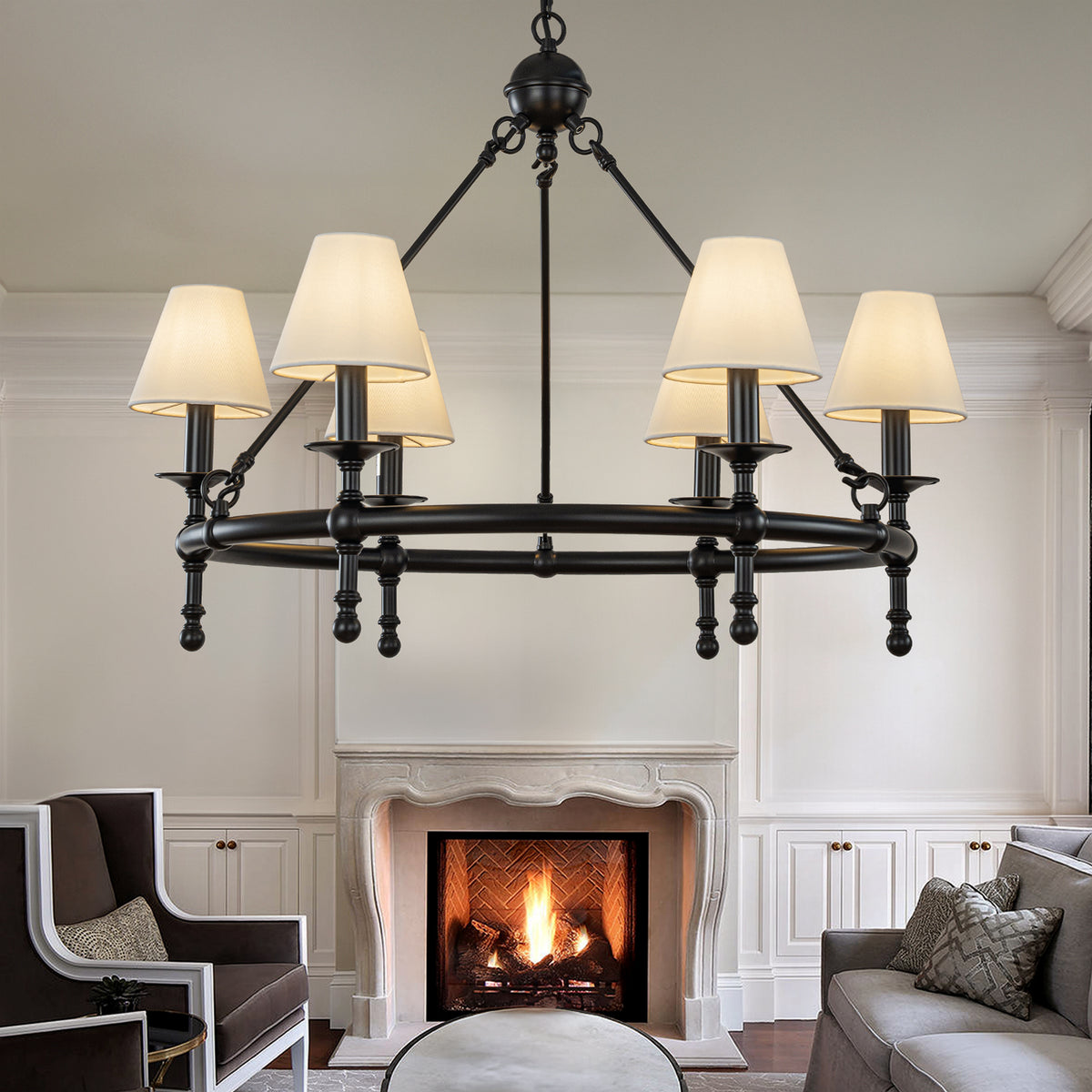 Vintage Black Chandelier 6-Light Classic Pendant Fixture Elegant Interior Lighting With White Shades For Dining Room Living Room