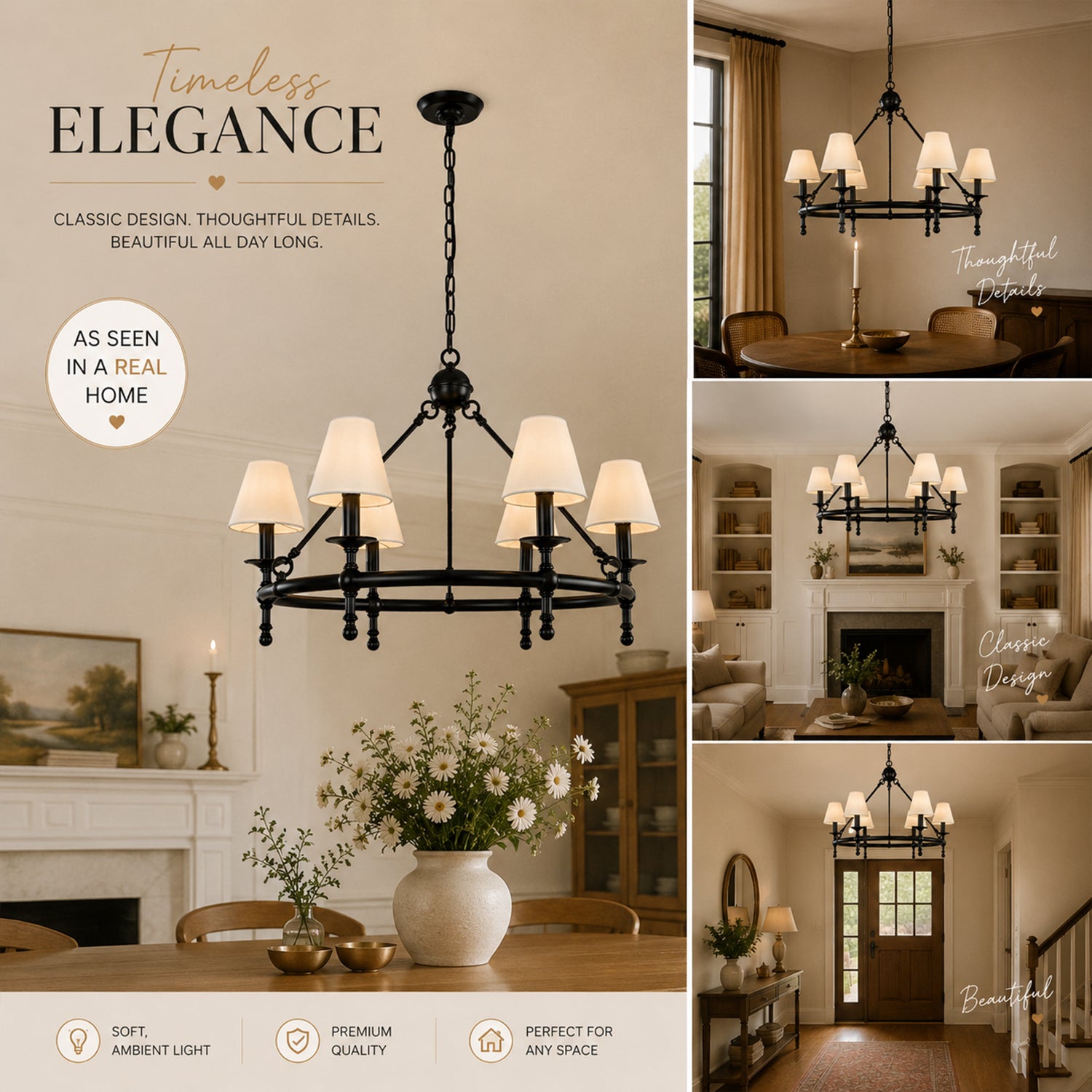 Vintage Black Chandelier 6-Light Classic Pendant Fixture Elegant Interior Lighting With White Shades For Dining Room Living Room