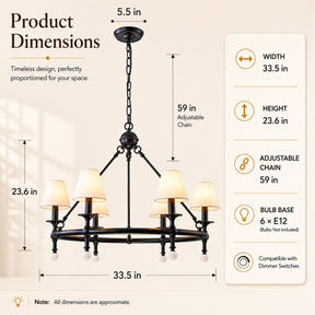 34" Black 6-Light Unique Statement Chandelier Transision Pendant Lighting with White Fabric Shades and Alabaster Finials for Dining Room Kitchen Island