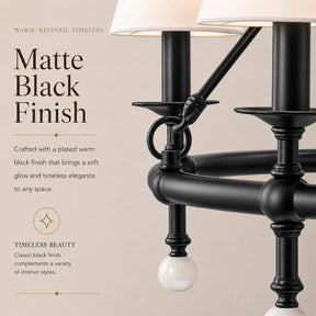 34" Black 6-Light Unique Statement Chandelier Transision Pendant Lighting with White Fabric Shades and Alabaster Finials for Dining Room Kitchen Island