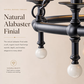 34" Black 6-Light Unique Statement Chandelier Transision Pendant Lighting with White Fabric Shades and Alabaster Finials for Dining Room Kitchen Island