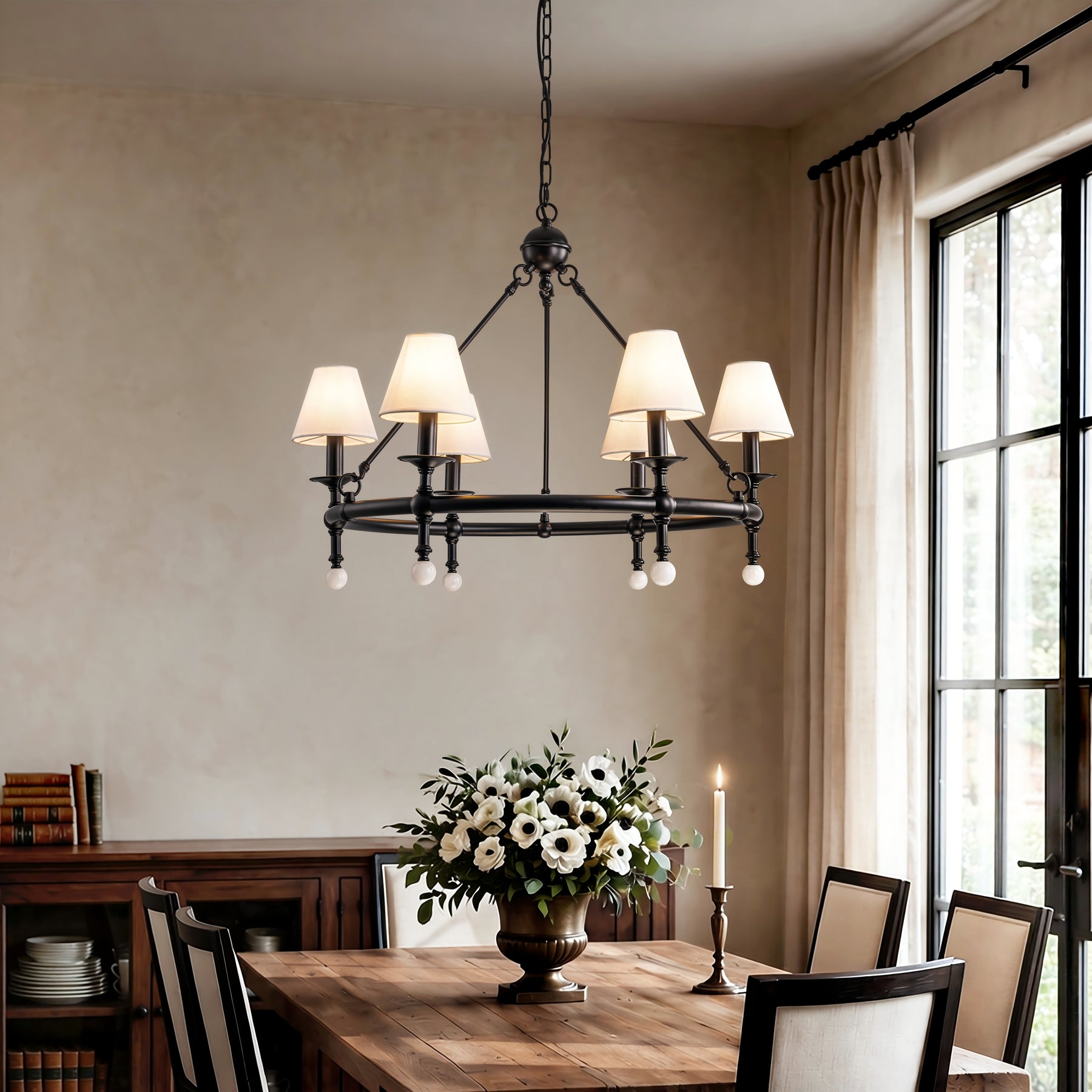 34" Black 6-Light Unique Statement Chandelier Transision Pendant Lighting with White Fabric Shades and Alabaster Finials for Dining Room Kitchen Island