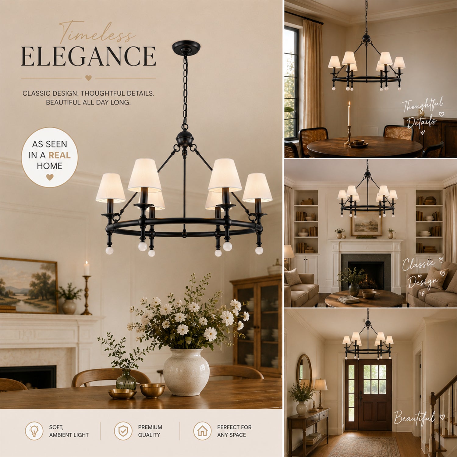 34" Black 6-Light Unique Statement Chandelier Transision Pendant Lighting with White Fabric Shades and Alabaster Finials for Dining Room Kitchen Island