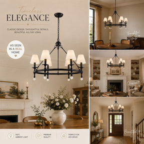 34" Black 6-Light Unique Statement Chandelier Transision Pendant Lighting with White Fabric Shades and Alabaster Finials for Dining Room Kitchen Island
