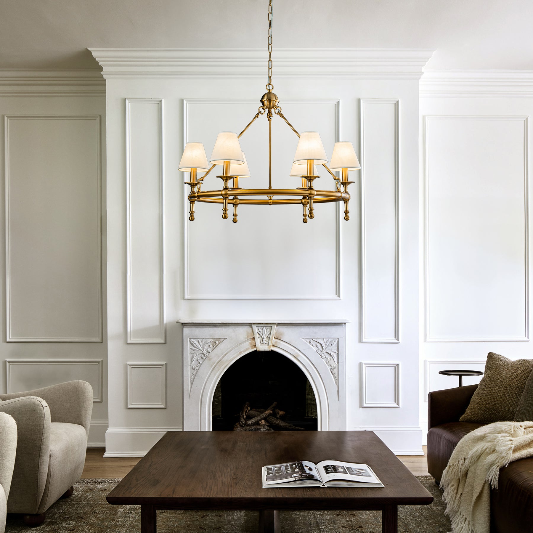 OpenBox 34" Brass Pleated Fabric Chandelier, 6-Light Mid Century Modern Dining Room Light Fixture with White Fabric Shades