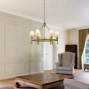OpenBox 34" Brass Pleated Fabric Chandelier, 6-Light Mid Century Modern Dining Room Light Fixture with White Fabric Shades