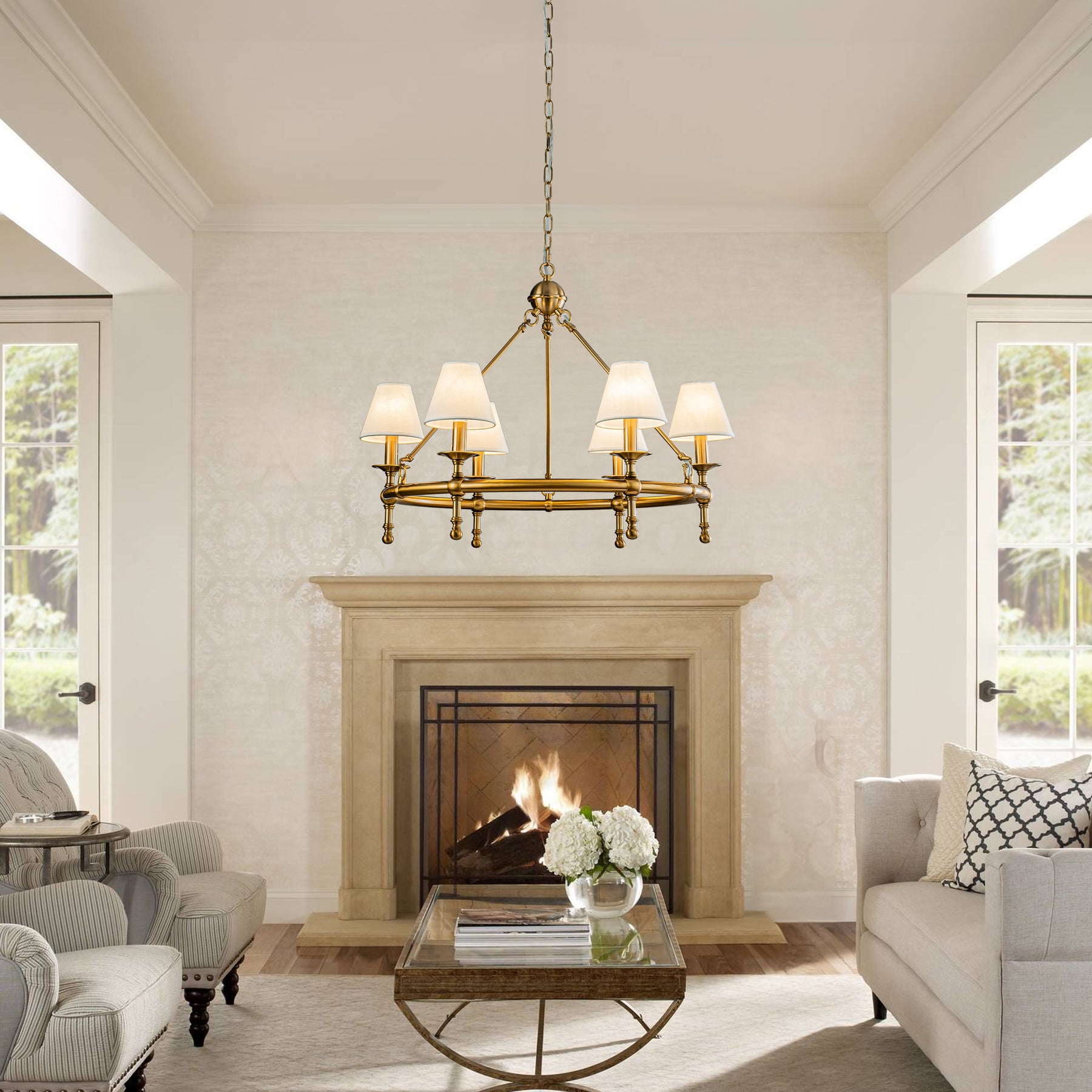 OpenBox 34" Brass Pleated Fabric Chandelier, 6-Light Mid Century Modern Dining Room Light Fixture with White Fabric Shades