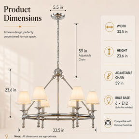 Vintage Nickel Chandelier 6-Light Classic Pendant Fixture Elegant Interior Lighting With White Shades For Dining Room Living Room