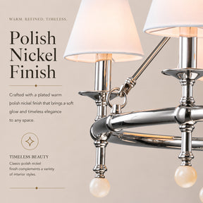 34'' Polished Nickel 6-Light Unique Statement Chandelier Transision Pendant Lighting with White Fabric Shades and Alabaster Finials for Dining Room Kitchen Island