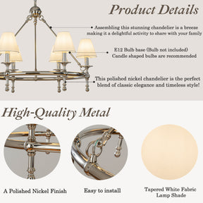 Vintage Nickel Chandelier 6-Light Classic Pendant Fixture Elegant Interior Lighting With White Shades For Dining Room Living Room