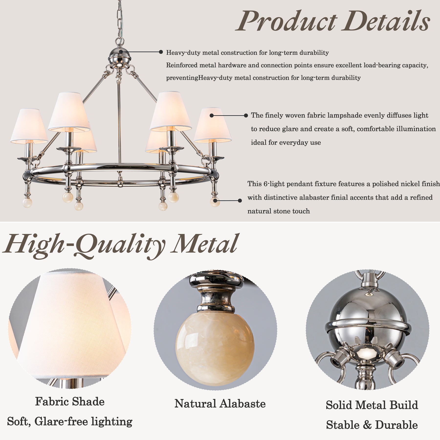 34'' Polished Nickel 6-Light Unique Statement Chandelier Transision Pendant Lighting with White Fabric Shades and Alabaster Finials for Dining Room Kitchen Island