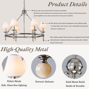 34'' Polished Nickel 6-Light Unique Statement Chandelier Transision Pendant Lighting with White Fabric Shades and Alabaster Finials for Dining Room Kitchen Island
