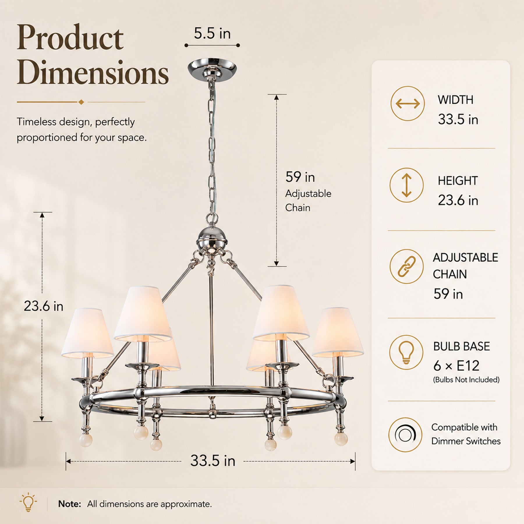 34'' Polished Nickel 6-Light Unique Statement Chandelier Transision Pendant Lighting with White Fabric Shades and Alabaster Finials for Dining Room Kitchen Island