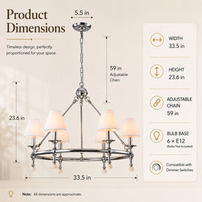 34'' Polished Nickel 6-Light Unique Statement Chandelier Transision Pendant Lighting with White Fabric Shades and Alabaster Finials for Dining Room Kitchen Island