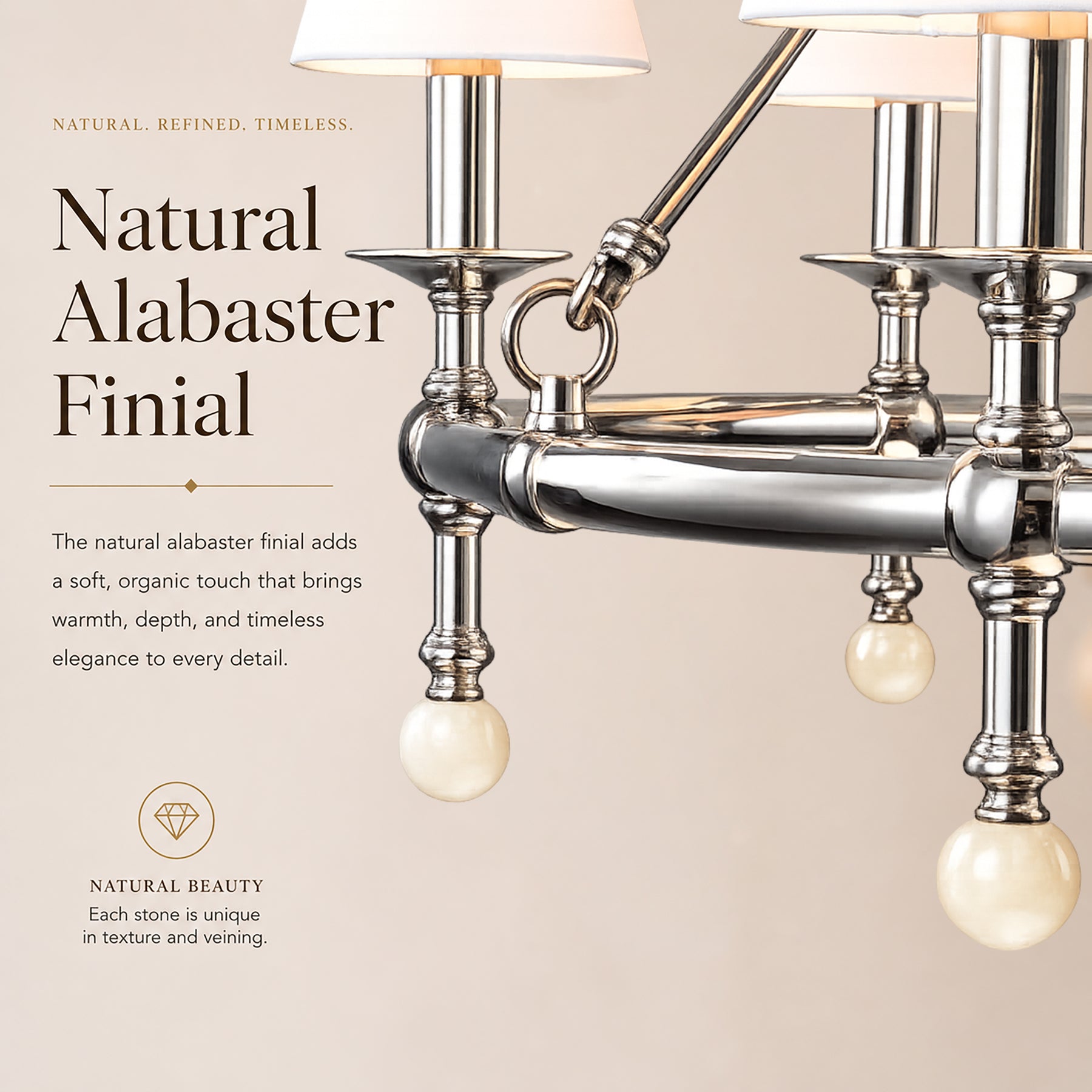 34'' Polished Nickel 6-Light Unique Statement Chandelier Transision Pendant Lighting with White Fabric Shades and Alabaster Finials for Dining Room Kitchen Island