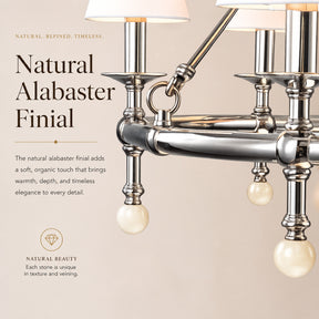34'' Polished Nickel 6-Light Unique Statement Chandelier Transision Pendant Lighting with White Fabric Shades and Alabaster Finials for Dining Room Kitchen Island
