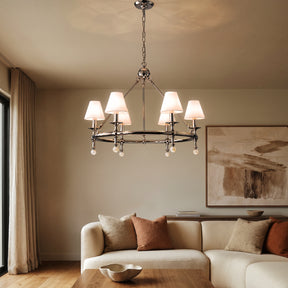 34'' Polished Nickel 6-Light Unique Statement Chandelier Transision Pendant Lighting with White Fabric Shades and Alabaster Finials for Dining Room Kitchen Island