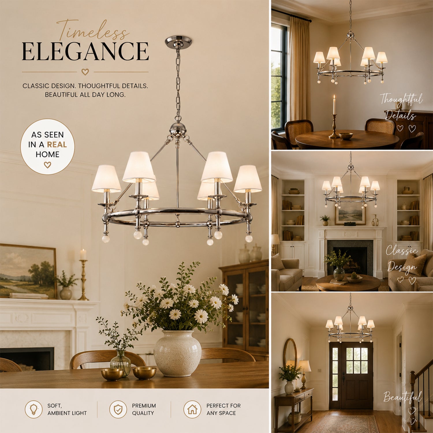 34'' Polished Nickel 6-Light Unique Statement Chandelier Transision Pendant Lighting with White Fabric Shades and Alabaster Finials for Dining Room Kitchen Island