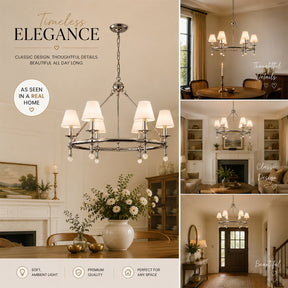 34'' Polished Nickel 6-Light Unique Statement Chandelier Transision Pendant Lighting with White Fabric Shades and Alabaster Finials for Dining Room Kitchen Island