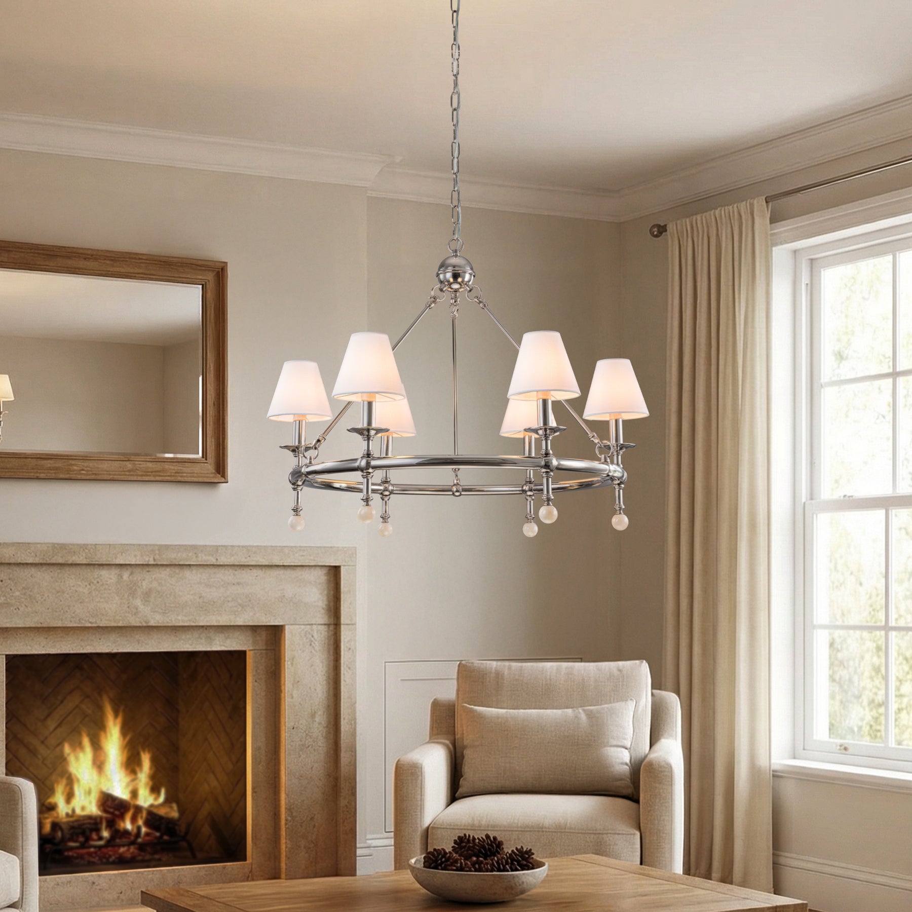 34'' Polished Nickel 6-Light Unique Statement Chandelier Transision Pendant Lighting with White Fabric Shades and Alabaster Finials for Dining Room Kitchen Island