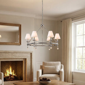 34'' Polished Nickel 6-Light Unique Statement Chandelier Transision Pendant Lighting with White Fabric Shades and Alabaster Finials for Dining Room Kitchen Island
