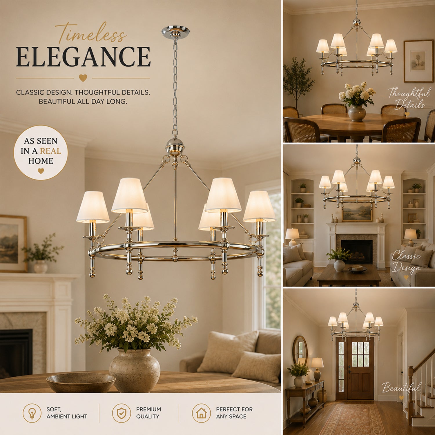 Vintage Nickel Chandelier 6-Light Classic Pendant Fixture Elegant Interior Lighting With White Shades For Dining Room Living Room