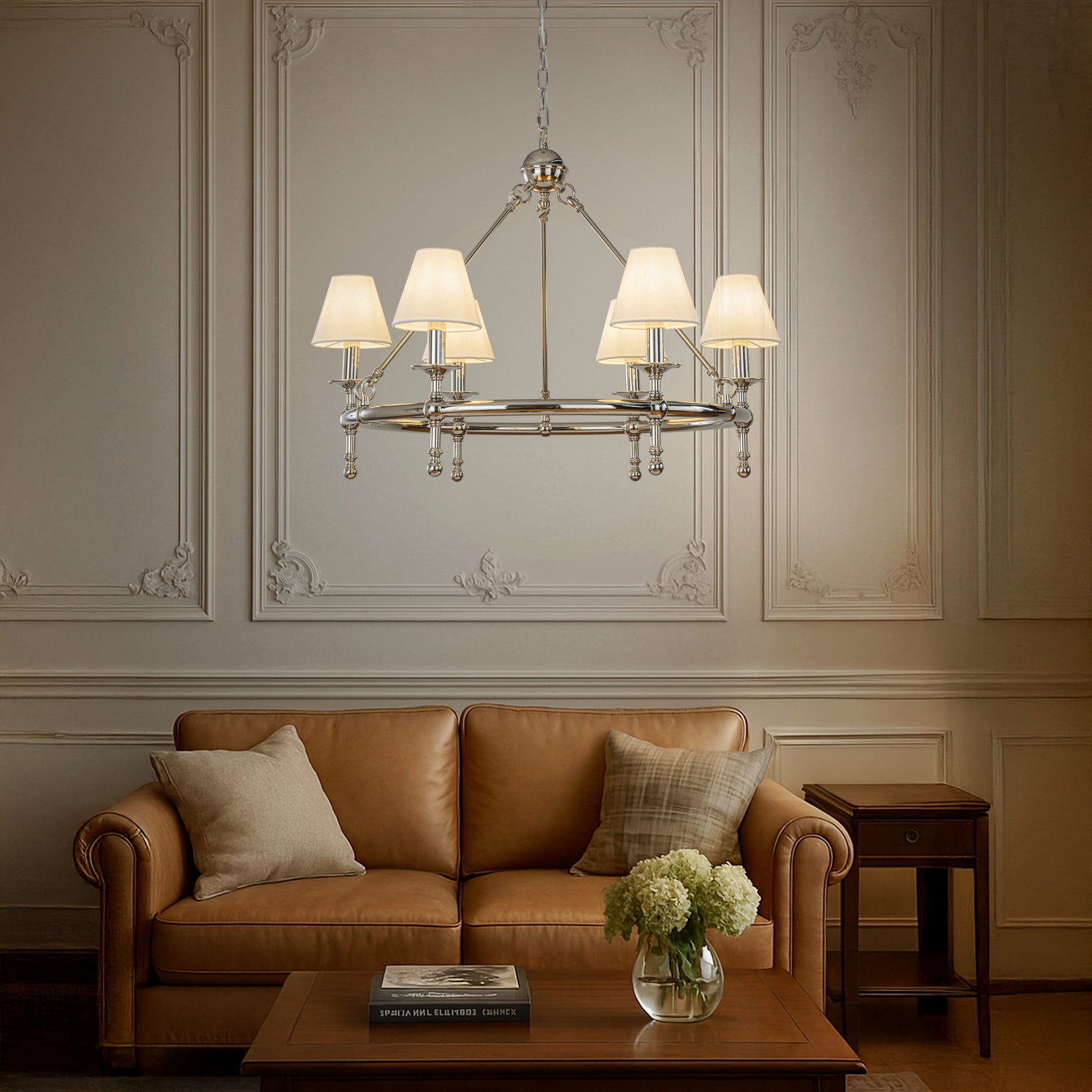 OpenBox Vintage Nickel Chandelier 6-Light Classic Pendant Fixture Elegant Interior Lighting With White Shades