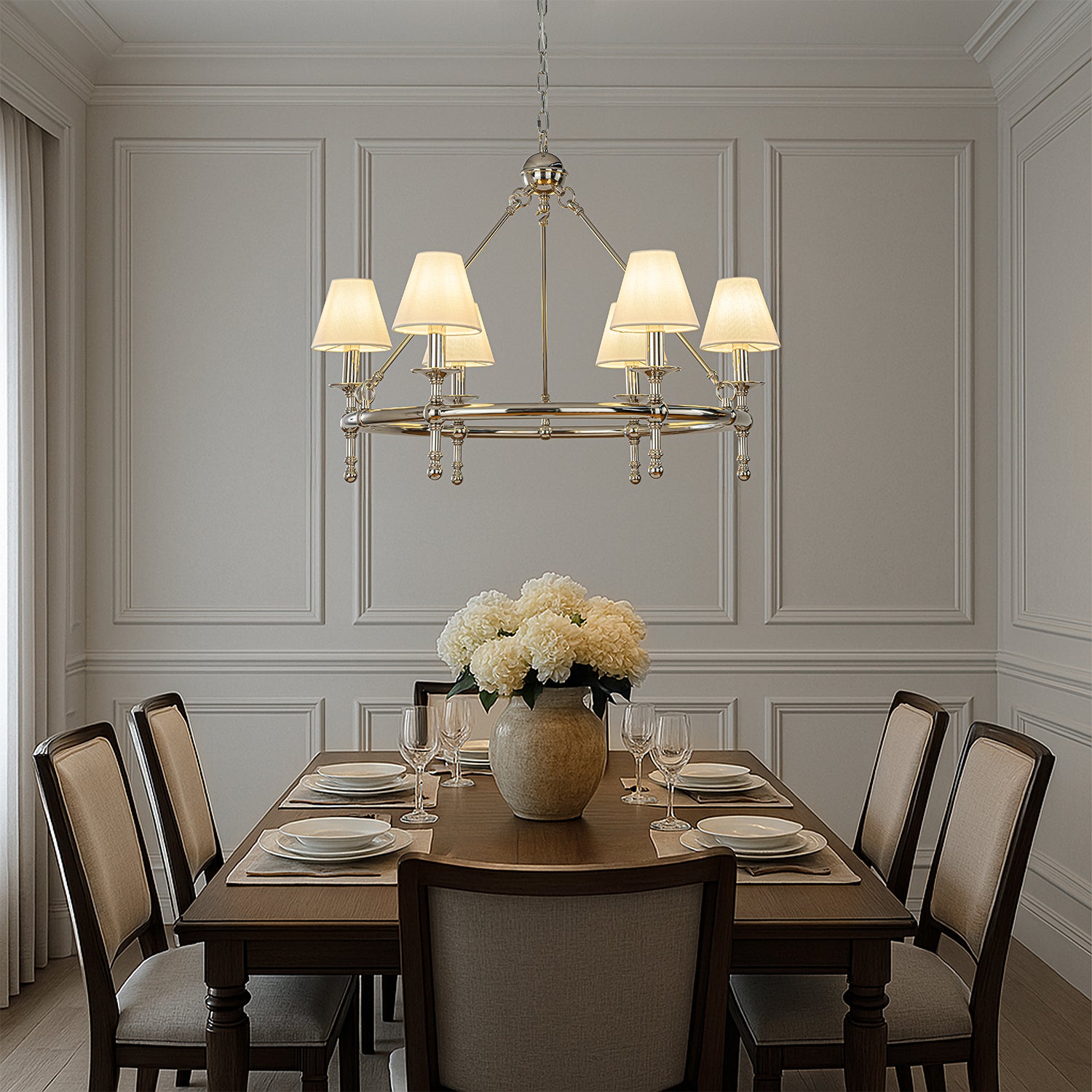 OpenBox Vintage Nickel Chandelier 6-Light Classic Pendant Fixture Elegant Interior Lighting With White Shades