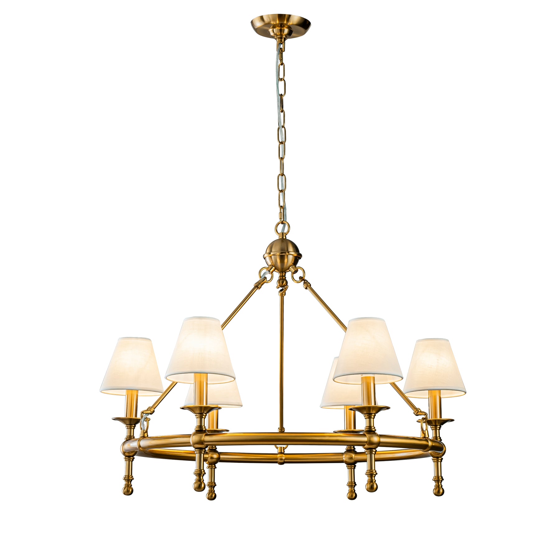 OpenBox 34" Brass Pleated Fabric Chandelier, 6-Light Mid Century Modern Dining Room Light Fixture with White Fabric Shades