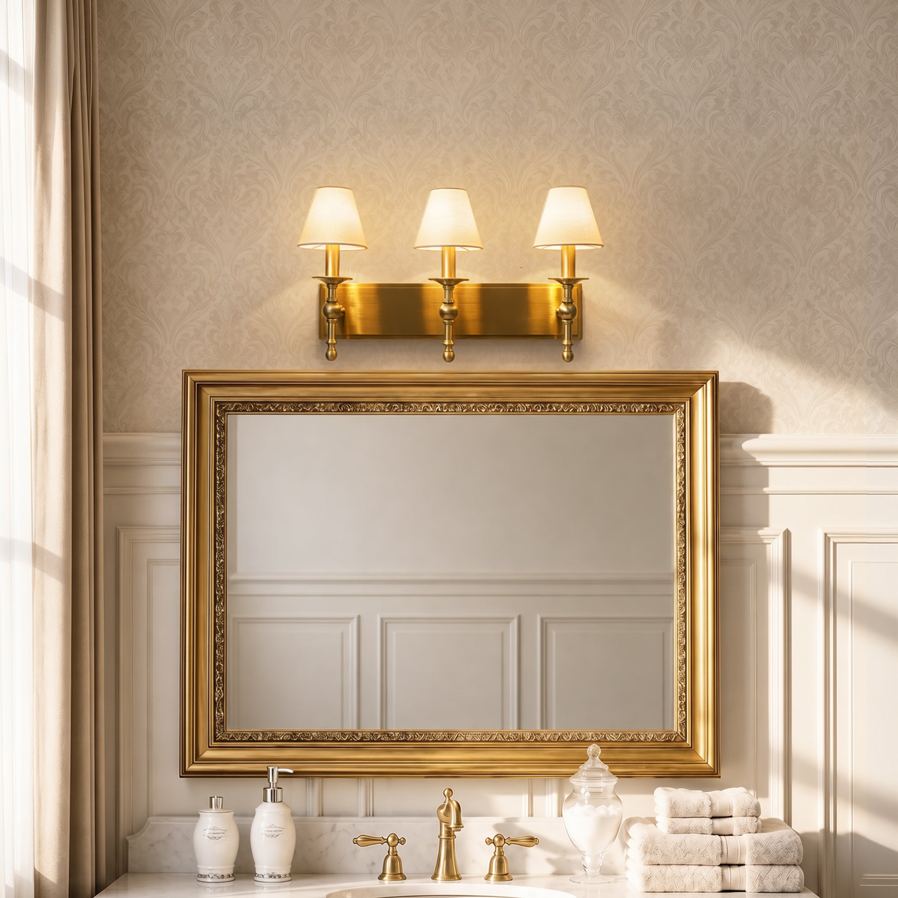 24'' 3-light Classic Wall Sconce Dimmable Contemporary Triple Bath Sconce in Warm Brass with White Fabric Shade For Hallway Bathroom Bedroom