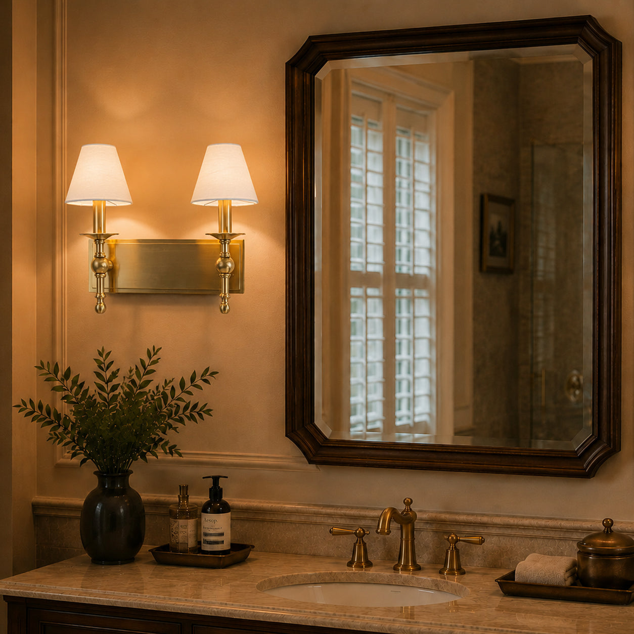 16'' 2-Light Classic Warm Brass Wall Sconces Dimmable Contemporary Double Shade Bath Sconce For Hallway Bathroom Bedroom