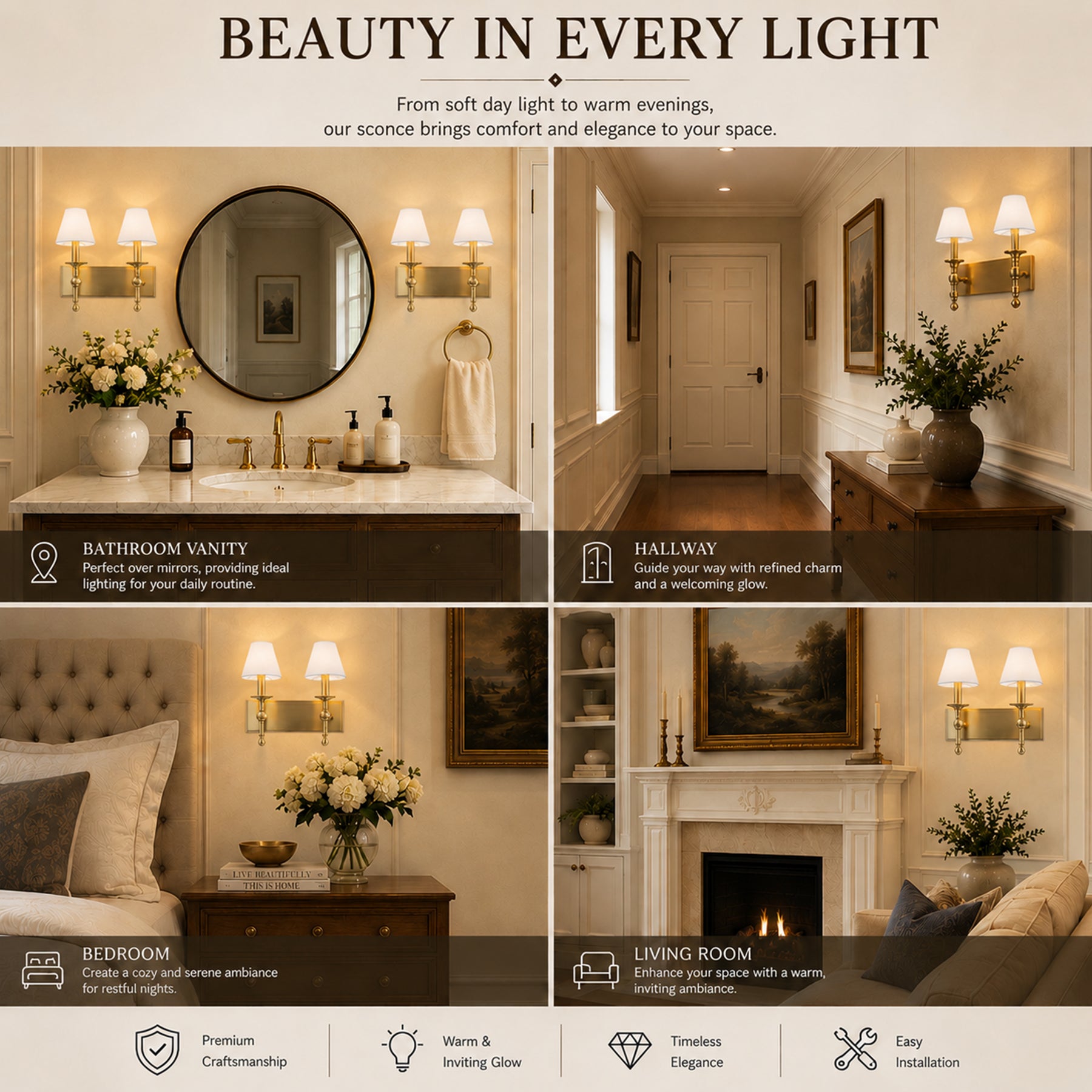 16'' 2-Light Classic Warm Brass Wall Sconces Dimmable Contemporary Double Shade Bath Sconce For Hallway Bathroom Bedroom