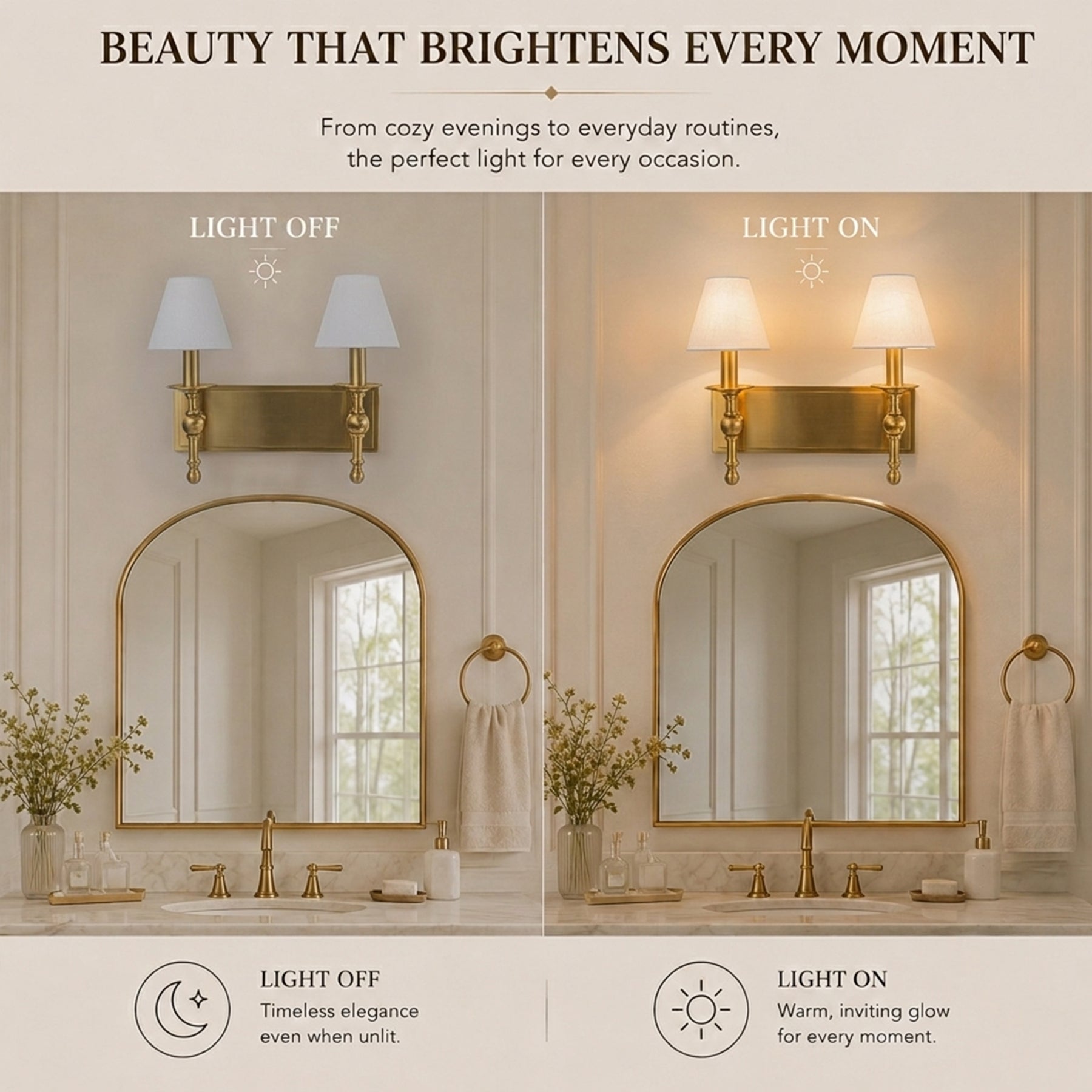 16'' 2-Light Classic Warm Brass Wall Sconces Dimmable Contemporary Double Shade Bath Sconce For Hallway Bathroom Bedroom