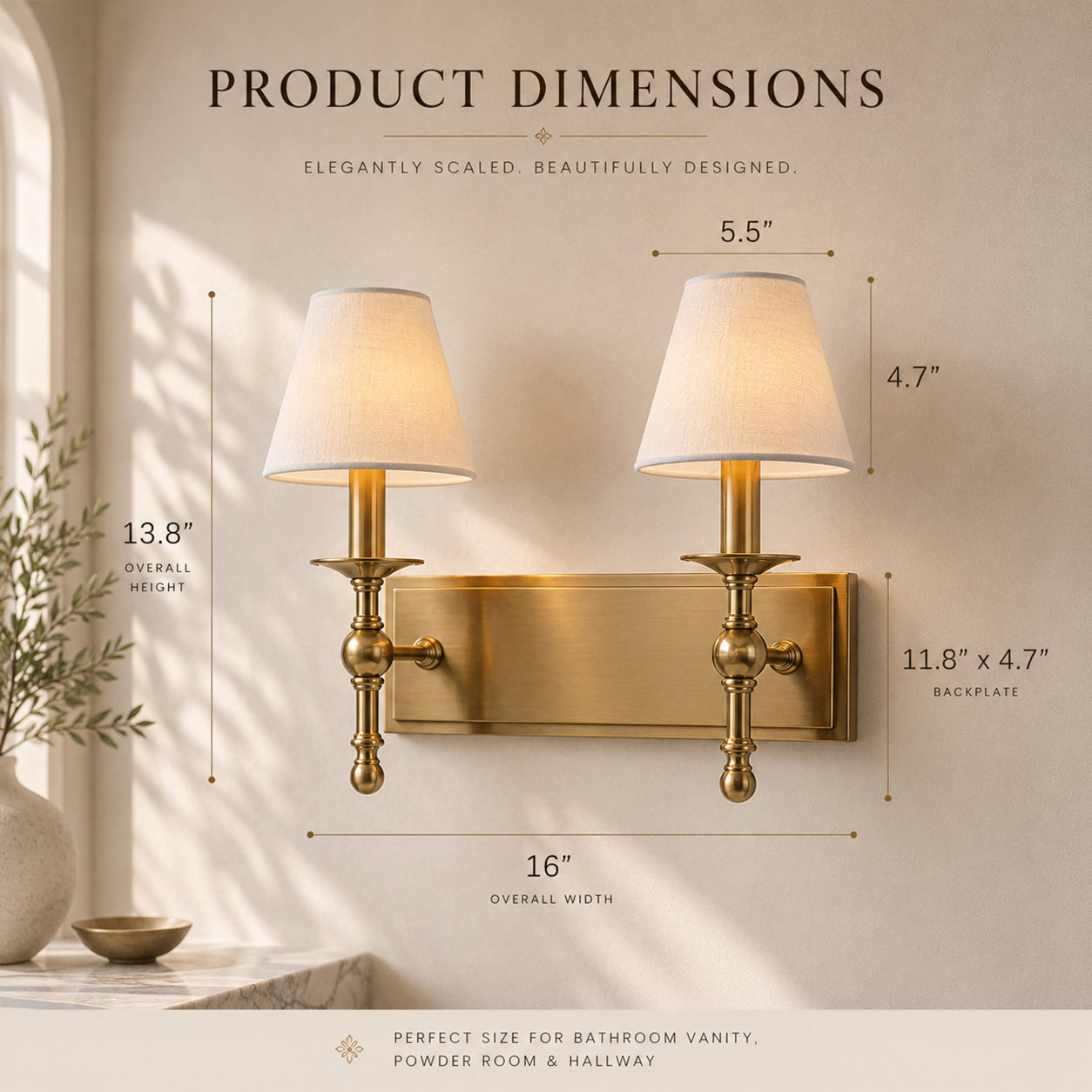 16'' 2-Light Classic Warm Brass Wall Sconces Dimmable Contemporary Double Shade Bath Sconce For Hallway Bathroom Bedroom