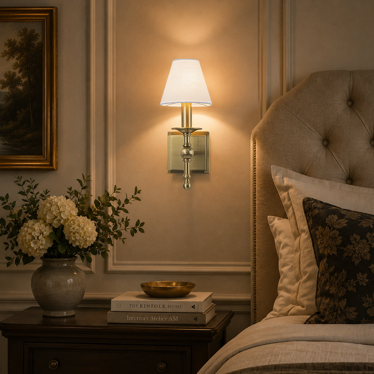 1-Light Warm Brass Classic Wall Sconce With Fabric Shade Dimmable Contemporary Bath Sconce For Hallway Bathroom Bedroom