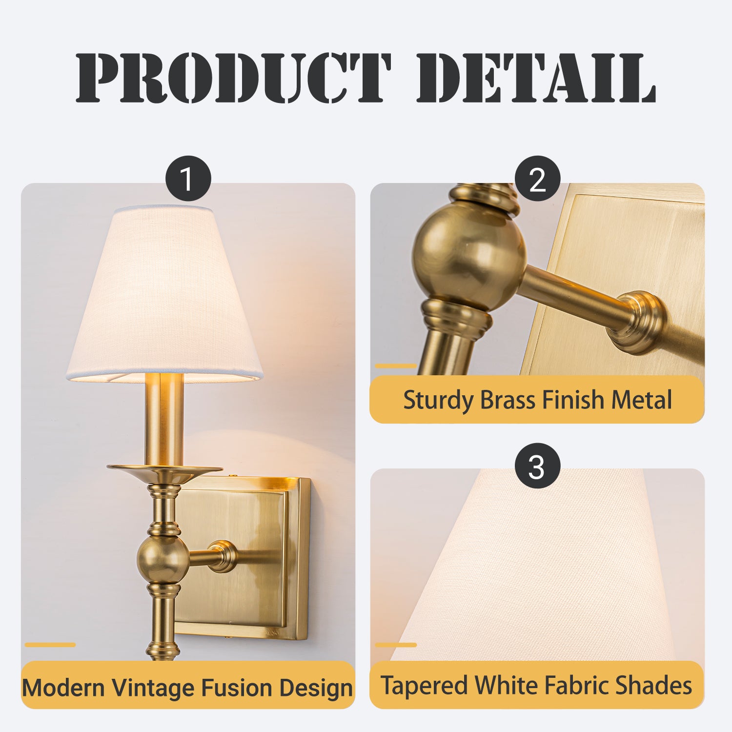 1-Light Warm Brass Classic Wall Sconce With Fabric Shade Dimmable Contemporary Bath Sconce For Hallway Bathroom Bedroom