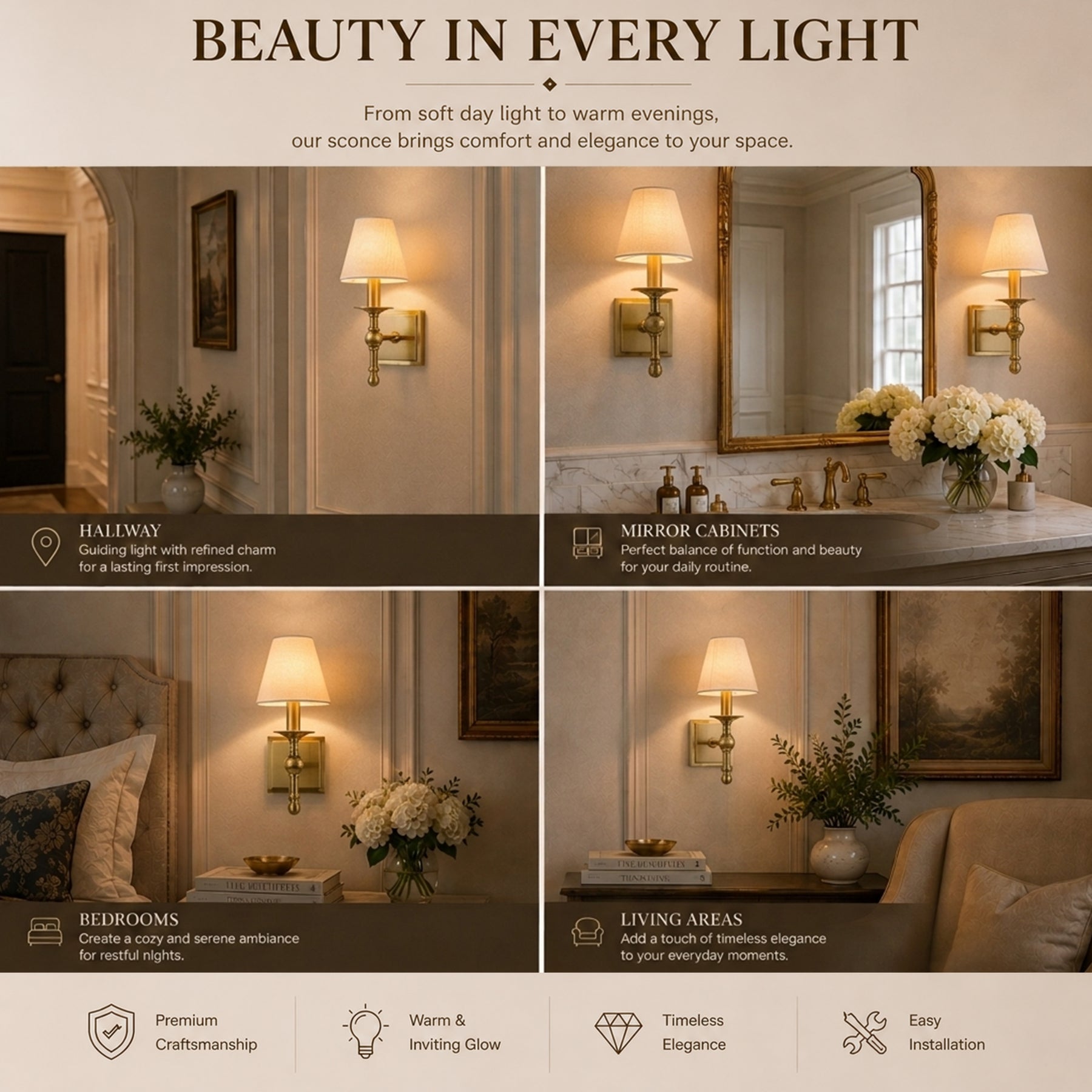 1-Light Warm Brass Classic Wall Sconce With Fabric Shade Dimmable Contemporary Bath Sconce For Hallway Bathroom Bedroom